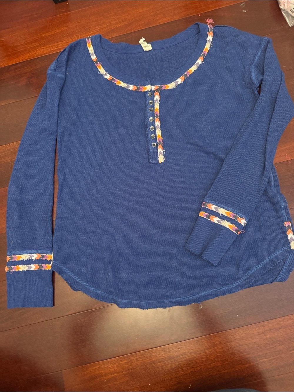 We The Free Navy Long-Sleeve Henley Top with Multicolor Braid Trim